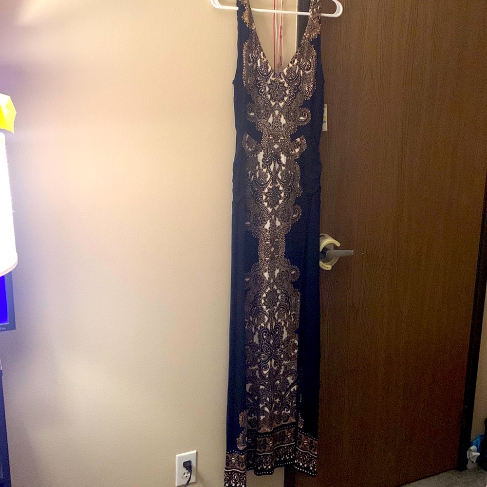 INC long form fitting dress. Dress it up or dress it casual. Brown, black, white